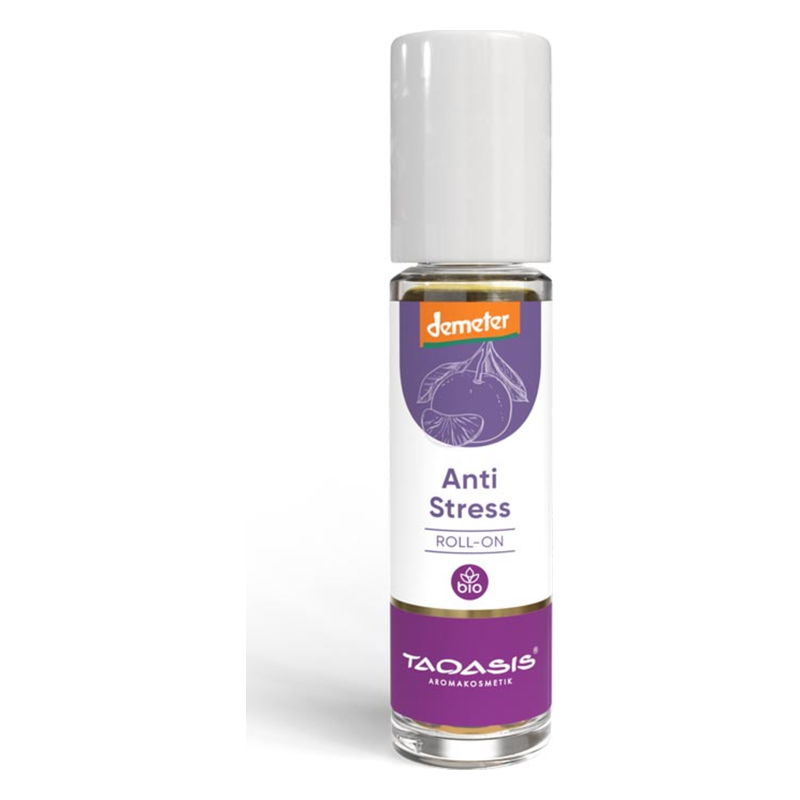 Roll-on Flasche für Anti-Stress aromatische Pflege mit lila Etikett und transparenter Kappe.