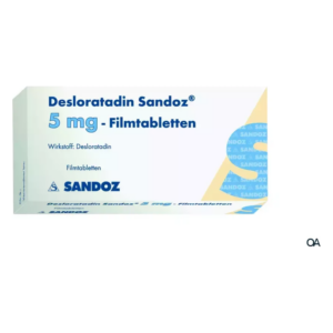 Packung mit Desloratadin Sandoz 5 mg Filmtabletten, weißes Design mit blauen und gelben Akzenten.
