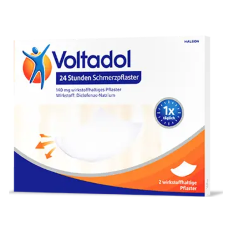 Verpackung eines Voltadol Schmerzpflasters, das 24 Stunden wirkt, mit Informationen zu Inhalt und Wirkstoff.
